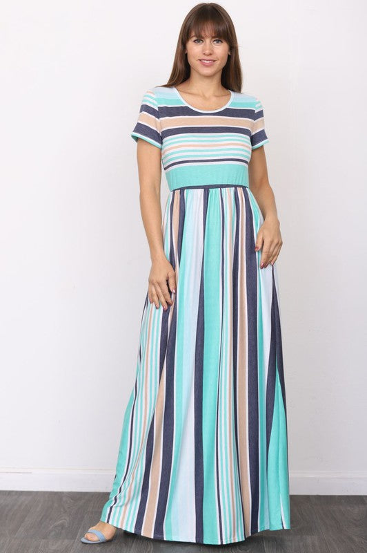 Plus Short Sleeve Stripe Maxi Dress