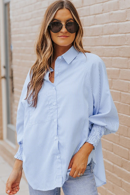 Light Blue Striped Casual Shirred Cuffs Shirt