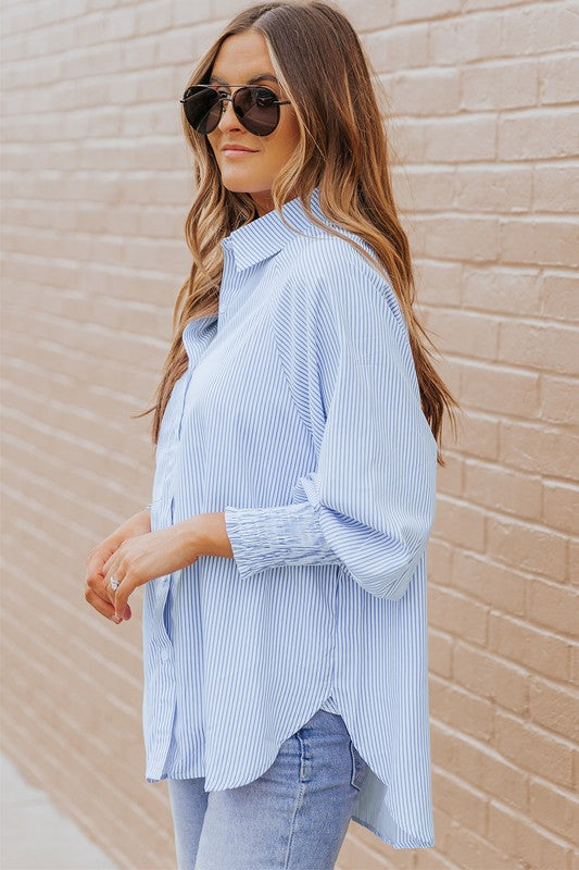 Light Blue Striped Casual Shirred Cuffs Shirt