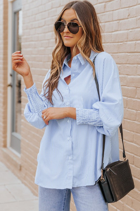 Light Blue Striped Casual Shirred Cuffs Shirt