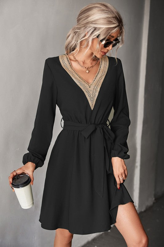 Women's Long Sleeve V Neck Mid Dress