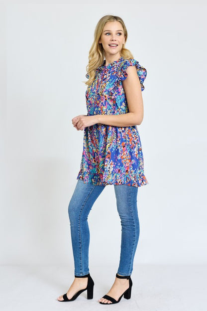 Ruffle floral leaf woven tunic top