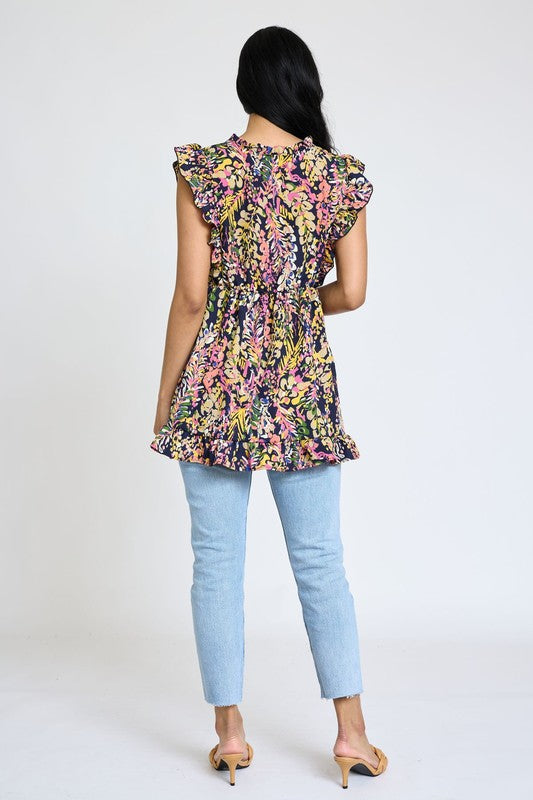 Ruffle floral leaf woven tunic top