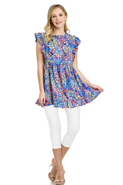 Ruffle floral leaf woven tunic top