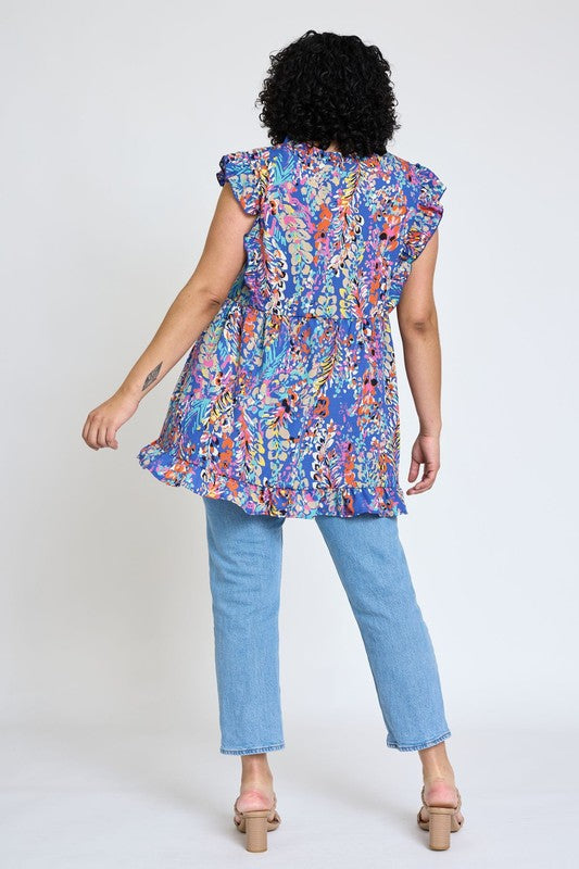 Ruffle floral leaf woven tunic top