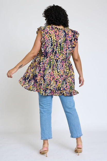 Ruffle floral leaf woven tunic top