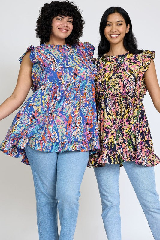 Ruffle floral leaf woven tunic top