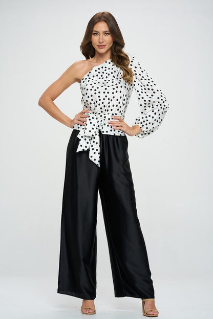 Polka Dot One Shoulder Formal Top with Tie