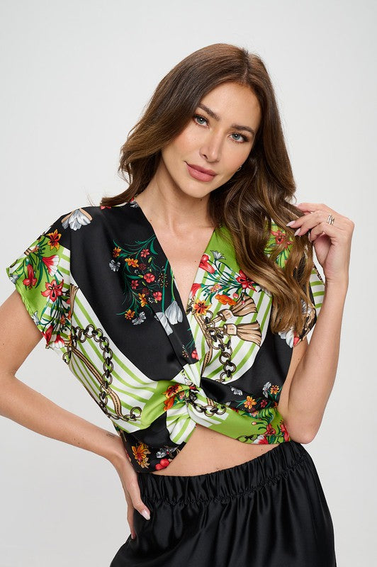 Print Satin Short Sleeve Top with Front Twist