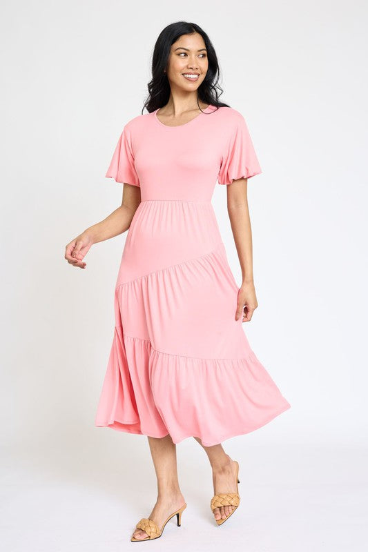 Solid Diagonal Tiered Flowy Dress