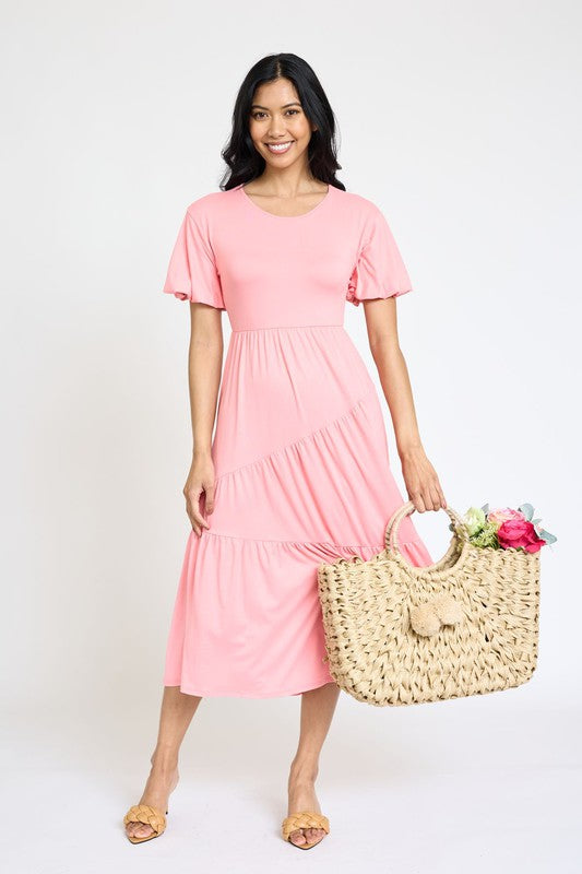 Plus Solid Diagonal Tiered Flowy Dress