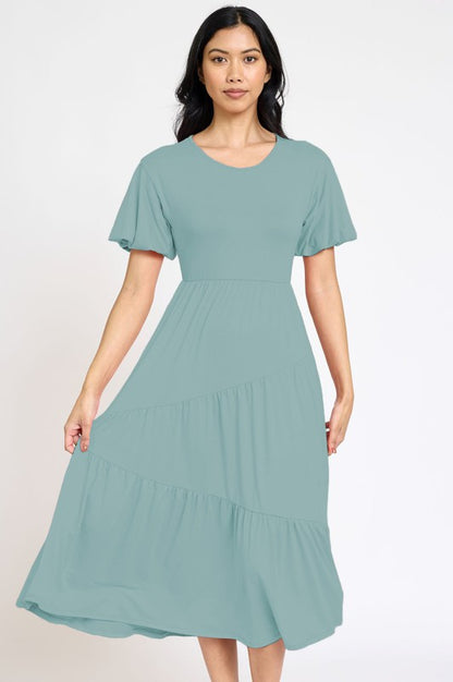 Plus Solid Diagonal Tiered Flowy Dress