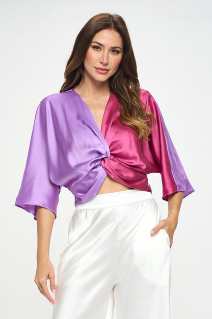 Satin Vibrant Short Sleeve Top with Front Twist