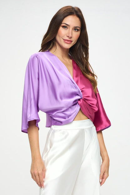 Satin Vibrant Short Sleeve Top with Front Twist