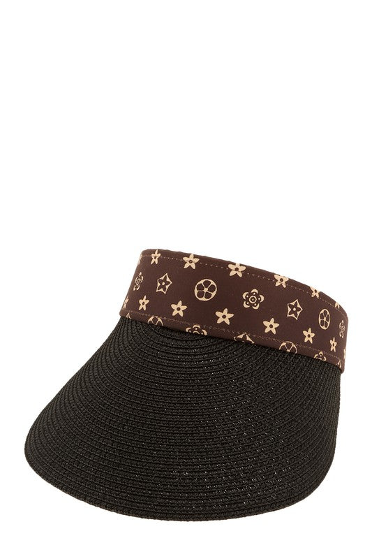 Brown Geometric Pattern Decorated Straw Visor