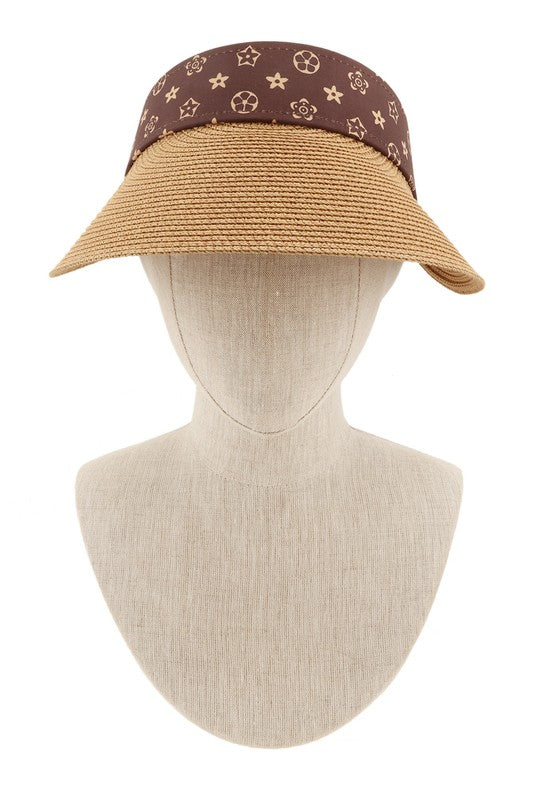 Brown Geometric Pattern Decorated Straw Visor