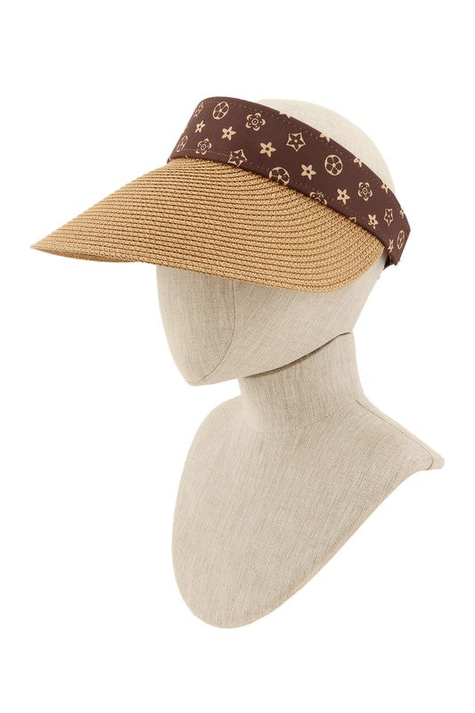 Brown Geometric Pattern Decorated Straw Visor