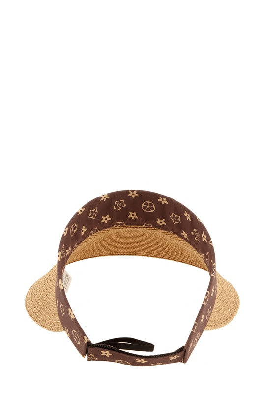 Brown Geometric Pattern Decorated Straw Visor