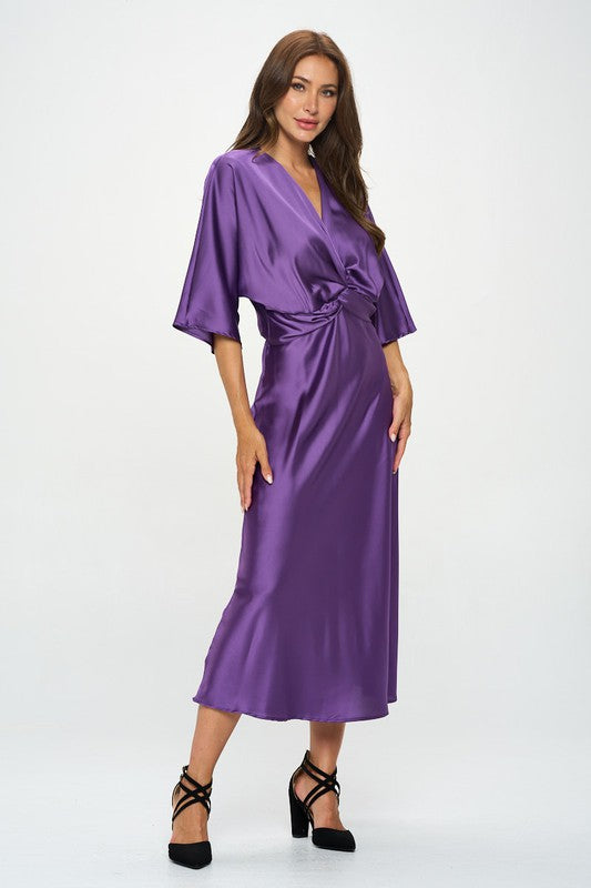 Satin Stretch Solid Dress with Front Twist