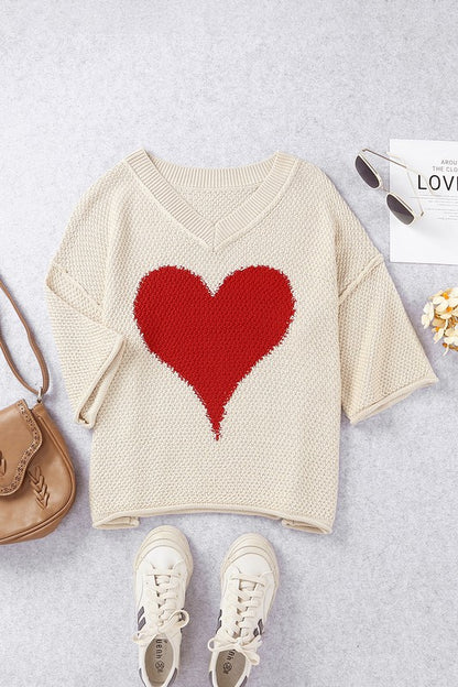 Cotton Khaki Beige cream Casual Heart Knit Sweater