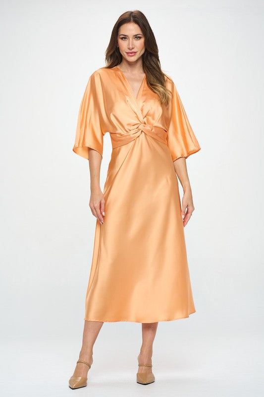 Made in USA Satin Stretch Solid Dress w Twist