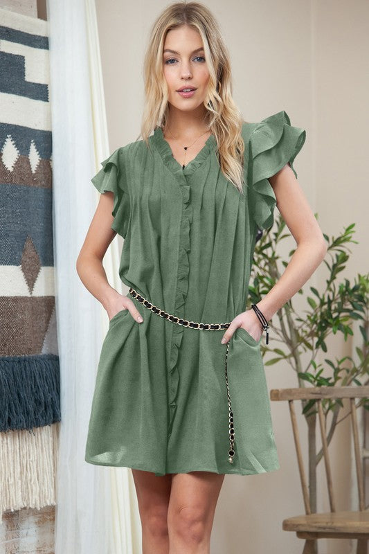 Ruffle Sleeve V neck Green, Black dress w/ pocket