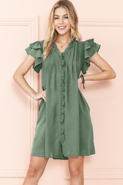 Ruffle Sleeve V neck Green, Black dress w/ pocket