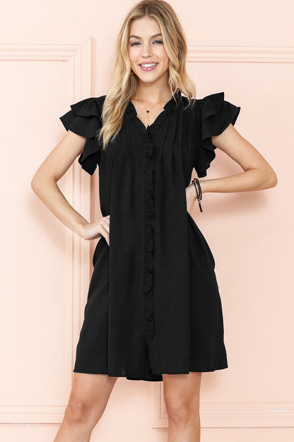 Ruffle Sleeve V neck Green, Black dress w/ pocket