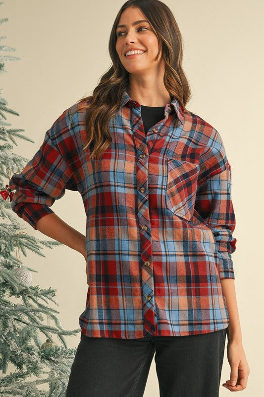 Plaid Print Drop Sleeve Loose Shirt