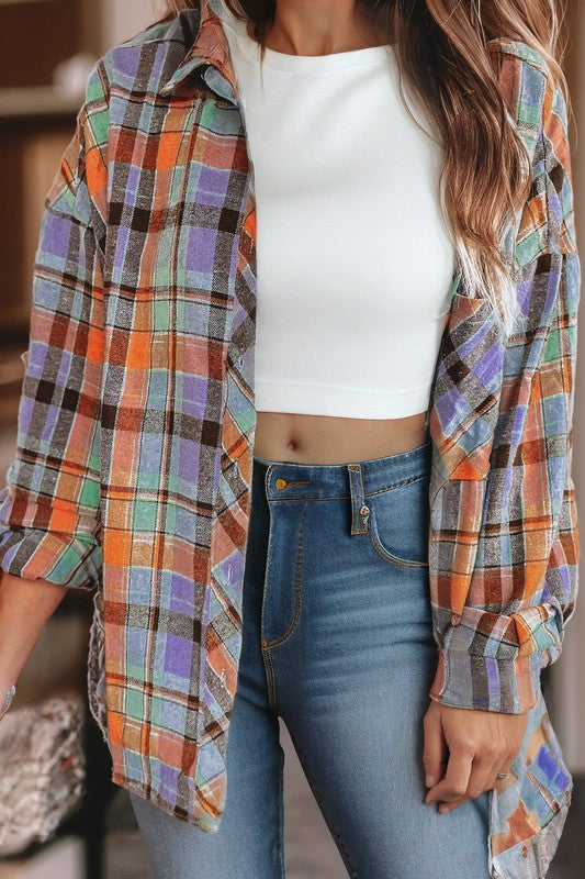 Plaid Print Drop Sleeve Loose Shirt