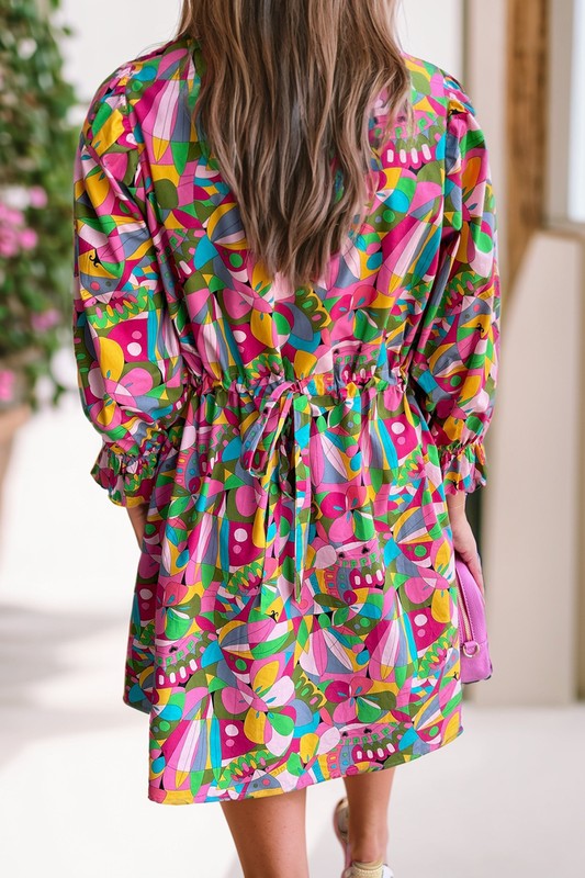 Abstract Lantern Sleeve Buttoned Mini Dress