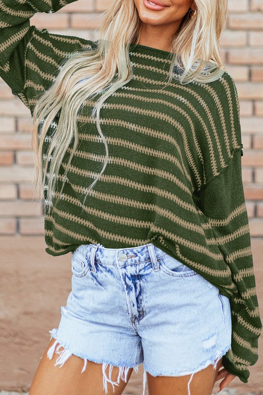 Casual Stripe Round Neck Drop Shoulder Sweater