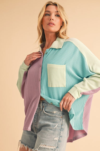 Color Block Crinkle Rib Buttoned Oversized Shirt