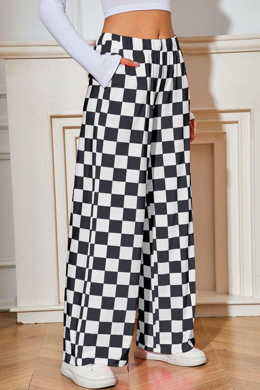 Checked Print High Waist Wide Leg Pants