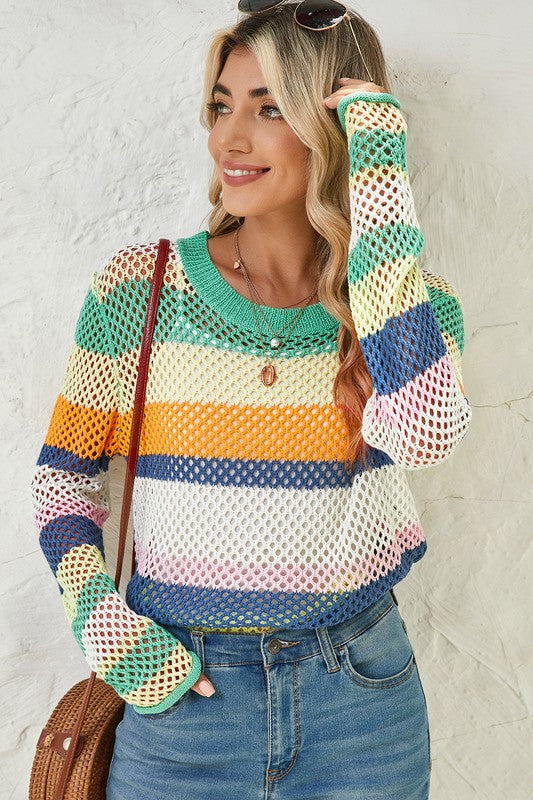 Colorblock Striped Hollow Knitted Top