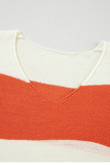 Colorblock V Neck Side Slits Sweater