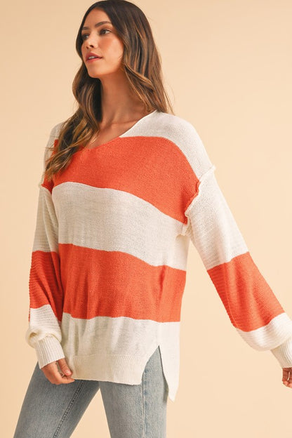 Colorblock V Neck Side Slits Sweater