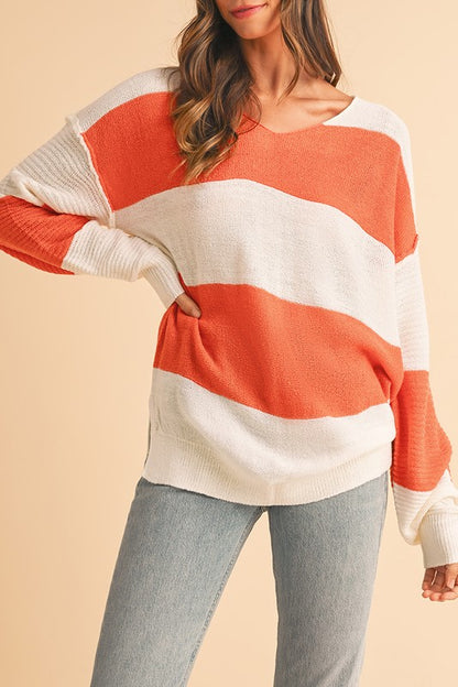 Colorblock V Neck Side Slits Sweater