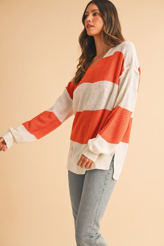 Colorblock V Neck Side Slits Sweater