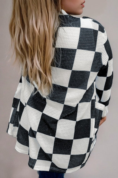 Checkered Waffle Knit Thumbhole Open Cardigan