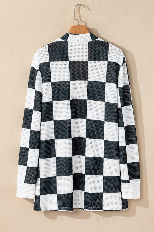 Checkered Waffle Knit Thumbhole Open Cardigan