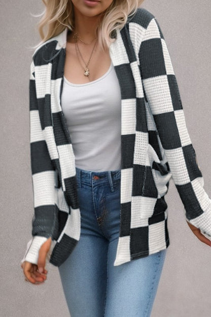 Checkered Waffle Knit Thumbhole Open Cardigan