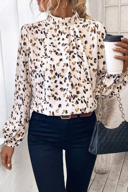 Leopard Print Puff Sleeve Mock Neck Pleated Blouse