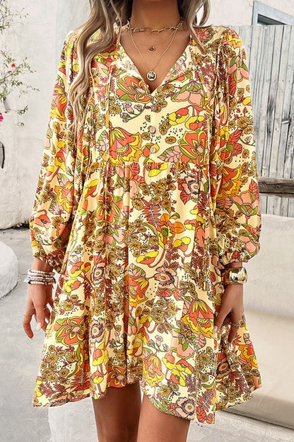 Cream Floral Print Tie Long Sleeve Mini Dress