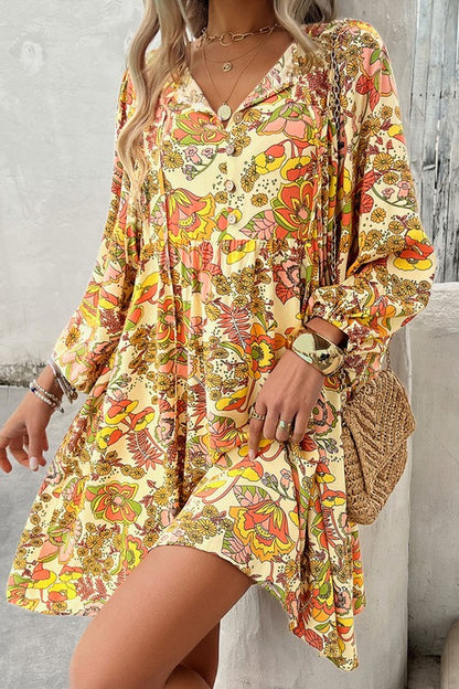 Cream Floral Print Tie Long Sleeve Mini Dress