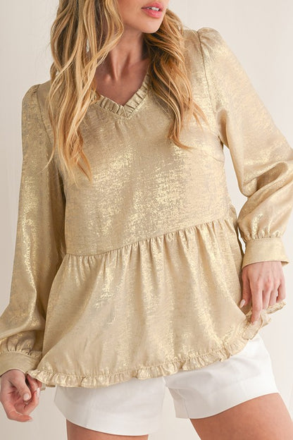 Metallic Frill V Neck Puff Sleeve Babydoll Blouse