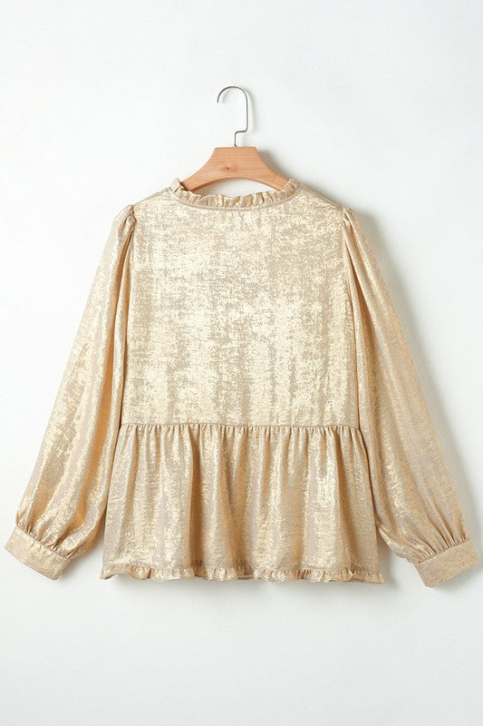 Metallic Frill V Neck Puff Sleeve Babydoll Blouse