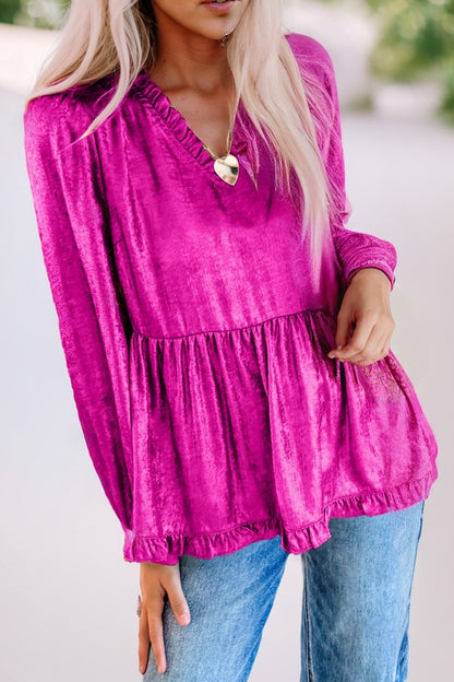 Metallic Frill V Neck Puff Sleeve Babydoll Blouse