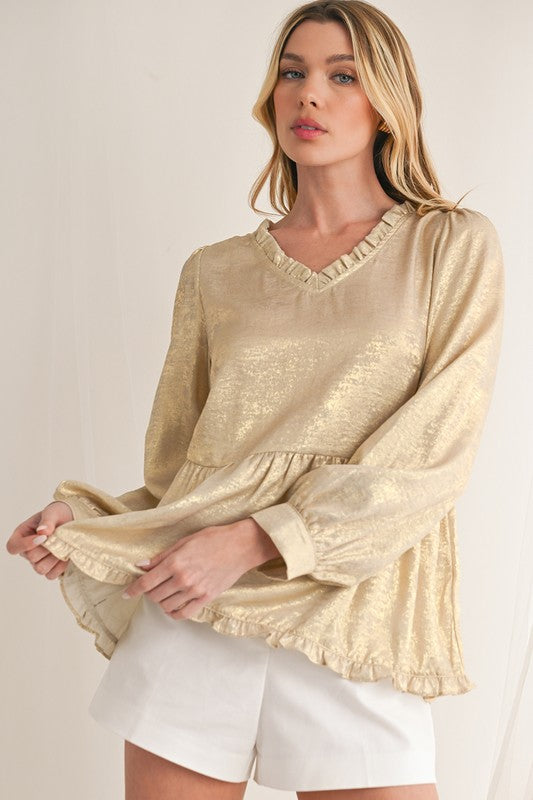 Metallic Frill V Neck Puff Sleeve Babydoll Blouse