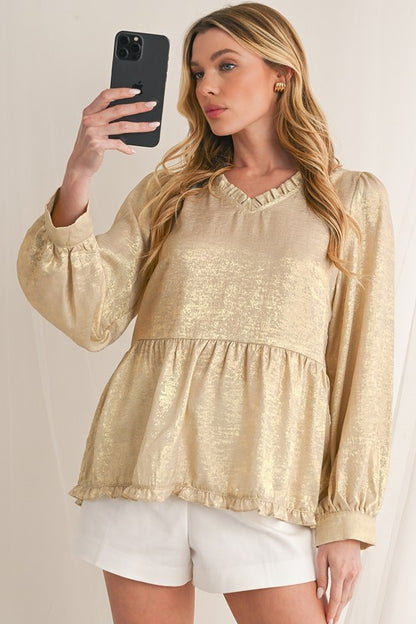 Metallic Frill V Neck Puff Sleeve Babydoll Blouse